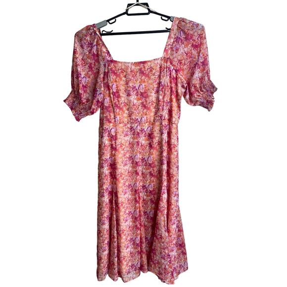 MAISON TARA Dress Size 12 Pink Floral Chiffon Square Neck Midi Maxi Cottage - Picture 1 of 9